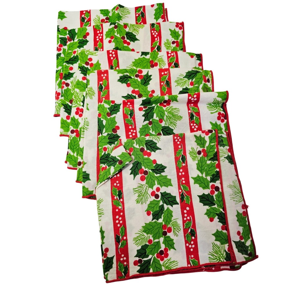 Set of 6 Christmas Holly Berry Napkins White Red Green vintage Table Linen